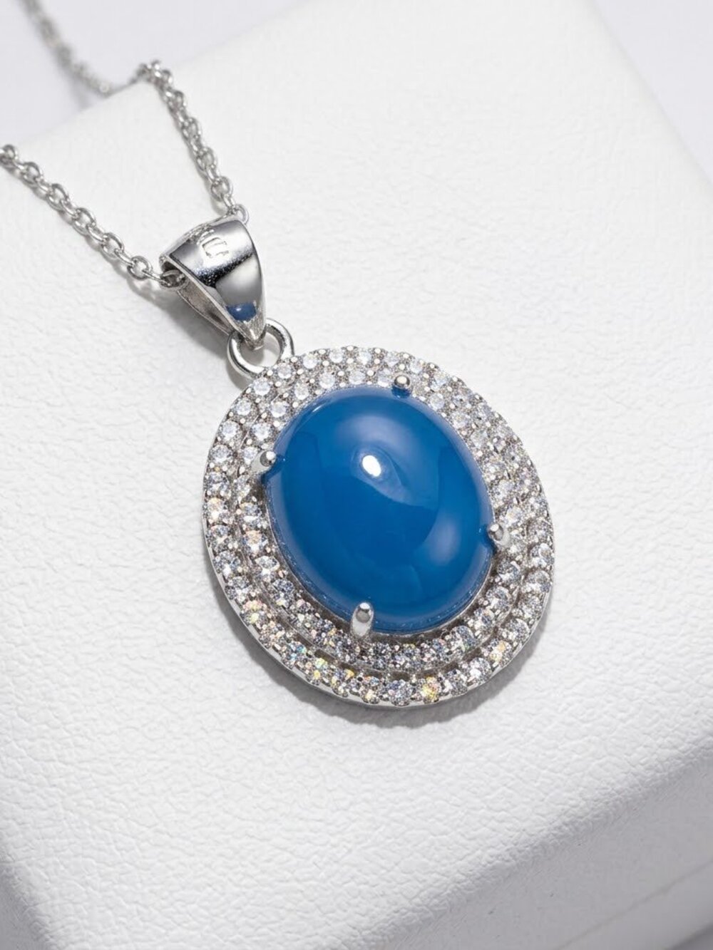 Blue Chalcedony CZ Halo Pendant Necklace sterling silver 🆕